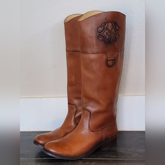 FRYE MELISSA LOGO KNEE HIGH LEATHER BOOTS 9.5B EEUC With BOX! - Picture 5 of 16